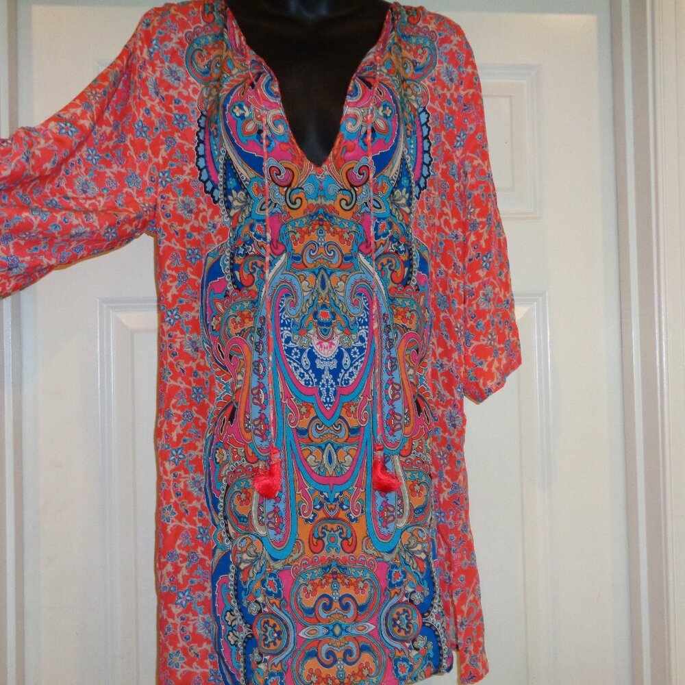 NWOT Tolani coral Floral Print Silk Tassel Tie retro paisley small S silk dress